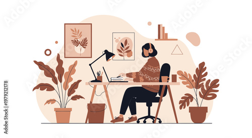 Woman working from home with headphones and plants, cozy home office setup