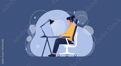 Woman working on laptop at desk with headphones, modern home office setup