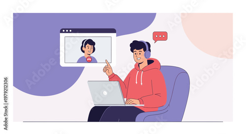 Young man in headphones having video call on laptop, online communication concept