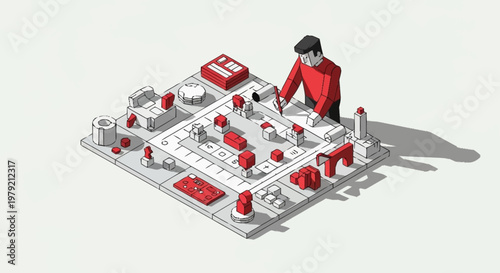 Man playing a strategy board game with abstract pieces and a cityscape on a white background, isometric view.