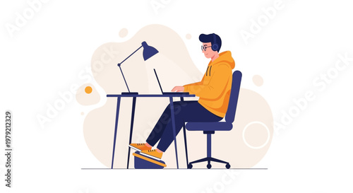 Young man in headphones working on laptop at desk, modern flat illustration