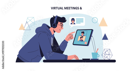 Young man in headphones on a virtual meeting via tablet, remote work concept