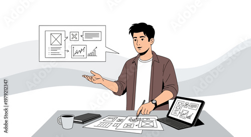 Young man presenting a business plan with wireframes and charts on a tablet and paper