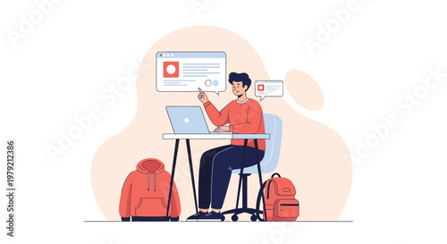 Young man studying online with laptop, hoodie, and backpack, modern flat illustration