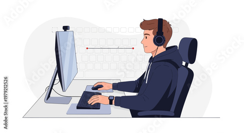Young man with headphones playing video games on computer, coding, or working