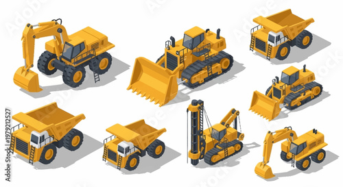Collection of isometric construction vehicles including excavators, dump trucks, and bulldozers on a white background.