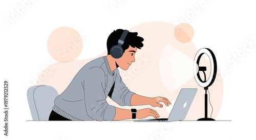 Young man with headphones streaming online on laptop with ring light