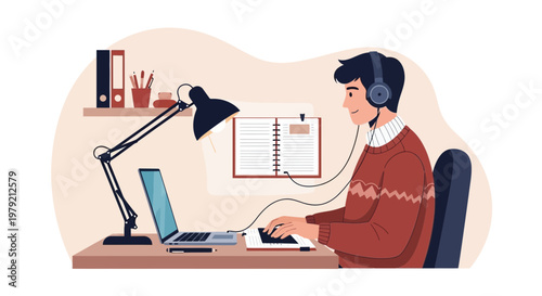 Young man with headphones studying or working on laptop at desk with lamp