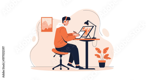 Young man with headphones working on a digital tablet at a desk, illustration
