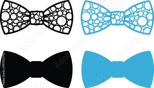 Four bow ties black and blue designs with geometric and solid patterns