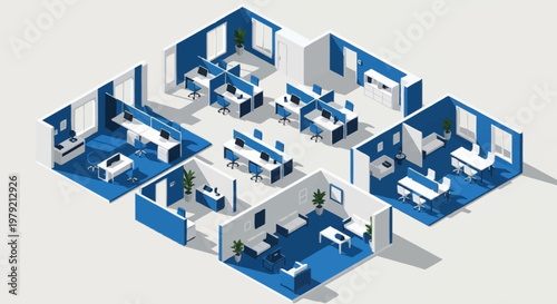 Modern isometric office interior design with blue and white color scheme, featuring workstations, meeting rooms, and private offices.
