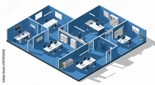 Modern open-plan office interior with desks, chairs, and computers, viewed from an isometric perspective.