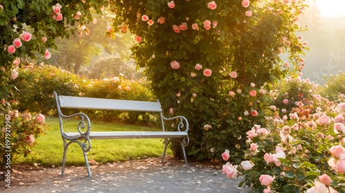 Rose garden with tranquil vacant bench at sunrise