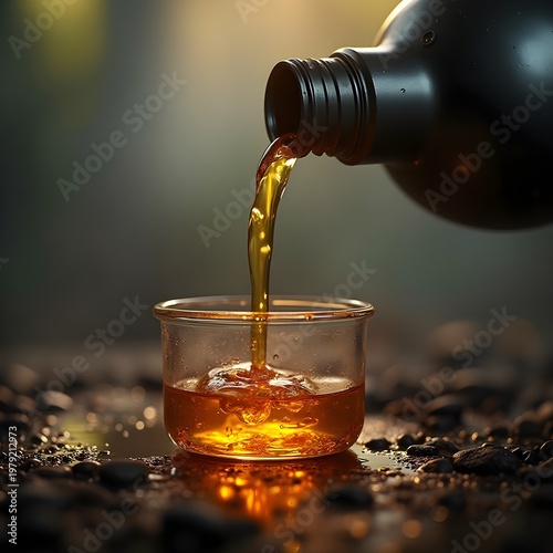 Pouring organic essential oil or herbal syrup from a dark glass bottle into a small transparent cup on a bed of dark stones, warm cinematic lighting