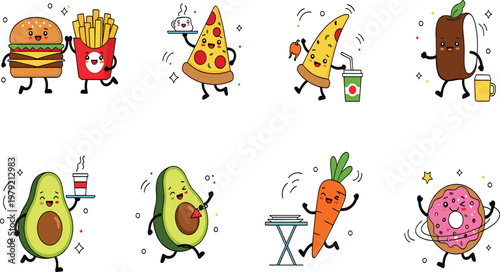 Cute Fast Food and Healthy Food Cartoon Characters Set with Funny Expressions Including Burger Pizza Avocado Carrot and Donut Mascot Illustration.