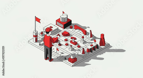 Abstract isometric illustration of a person interacting with a complex strategy board game.