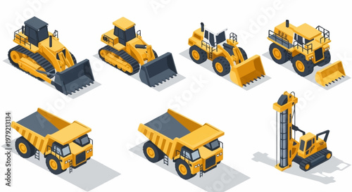 Collection of isometric construction vehicles and heavy machinery on a white background.