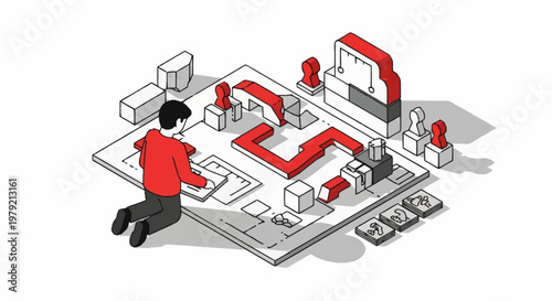 Man kneeling and playing a strategy board game with red and white pieces on a grid.