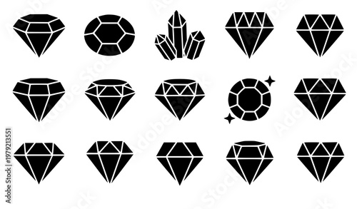 Solid diamond icon gemstone symbol black vector set