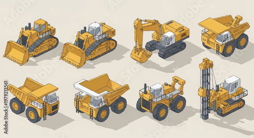 Collection of isometric construction vehicles including excavators, dump trucks, bulldozers, and drilling rigs.