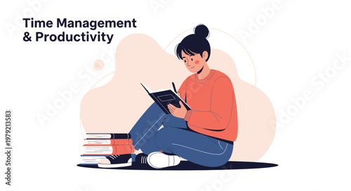 Young woman studying books, time management and productivity concept illustration