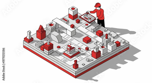 A person in a red hat and shirt is building a miniature city with blocks and chess pieces, illustrating strategy and planning.