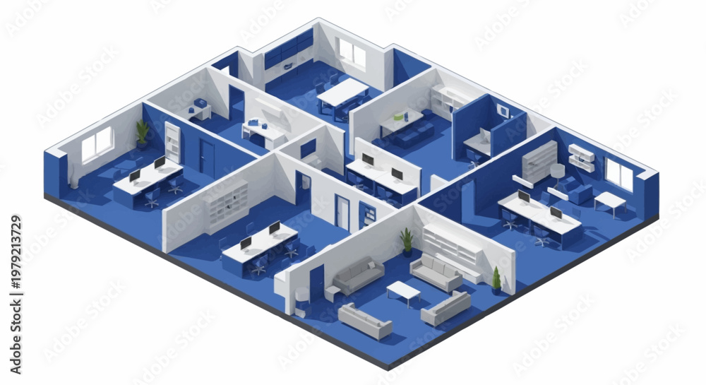 Fototapeta premium Isometric view of a modern office layout with cubicles, meeting rooms, and reception area.