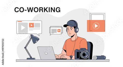 Young Man Working Remotely in Co-Working Space with Laptop, Camera, and Headphones