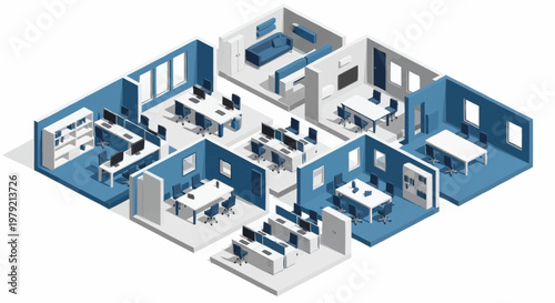 Isometric view of a modern office space with multiple workstations, meeting rooms, and a lounge area.