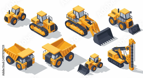 Collection of isometric construction vehicles including excavators, dump trucks, and bulldozers, isolated on a white background.