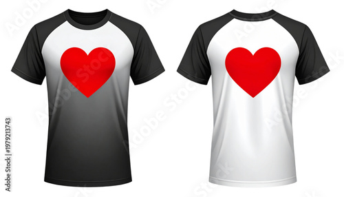 Black and white t-shirts featuring red heart designs on the front Vector