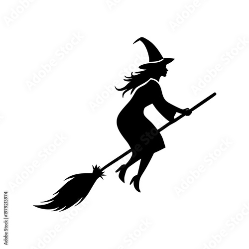 Flying Witch Silhouette on Broomstick – Minimal Black Halloween Vector Icon
