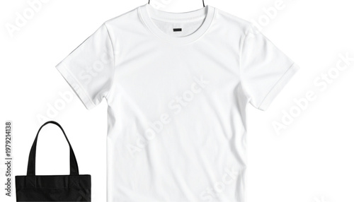 Simple white t-shirt and black tote bag placed side by side Vector