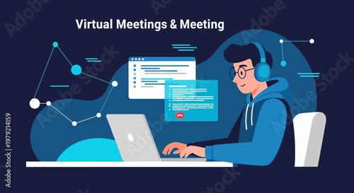 Young man with headphones on laptop for virtual meeting, online communication concept