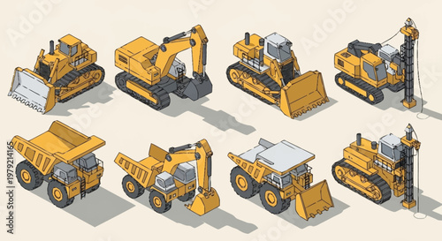 Collection of isometric construction vehicles and heavy machinery, including excavators, dump trucks, bulldozers, and drilling rigs, set against a neutral background.
