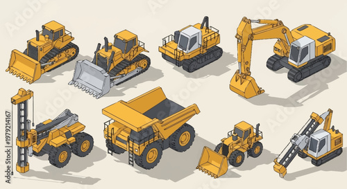 Collection of isometric construction vehicles and heavy machinery in yellow and white.