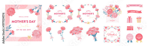 母の日のカーネーション装飾セット フレームとラベルのベクターイラスト