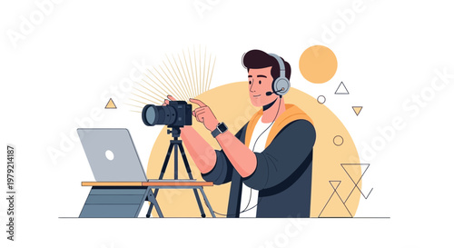 Young man with headphones filming with camera and laptop, streaming setup