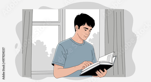 Young Man Reading Book by Window, Studying and Learning