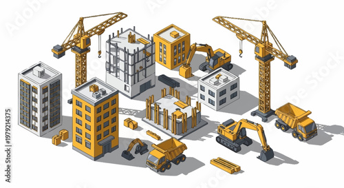 Isometric construction site with buildings, cranes, excavators, and dump trucks.