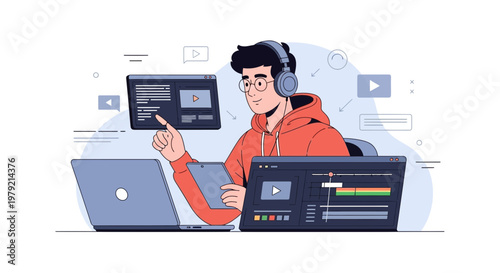 Young man editing video on laptop and tablet with headphones and glasses