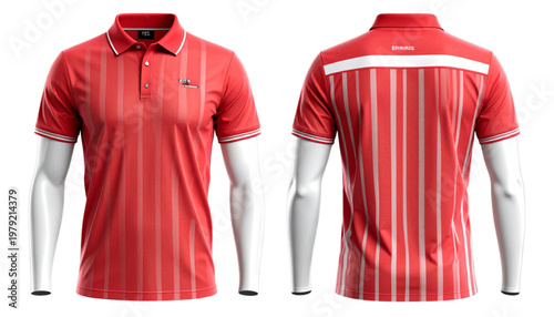 Men's short-sleeve button-down shirt in vibrant red with subtle striped pattern Vector