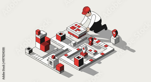 Person building a map with location pins and blocks, representing navigation and planning.