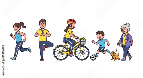 Diverse group of people engaging in various healthy and active lifestyle activities.