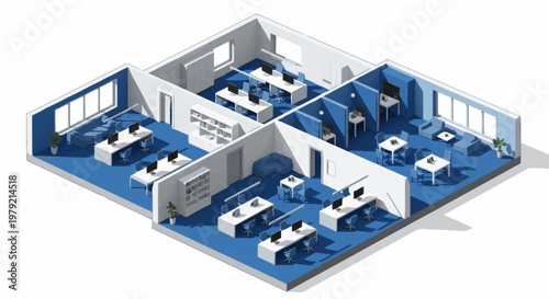 Modern office interior design with cubicles, meeting rooms, and lounge areas, isometric view.