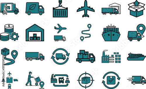 Cyan colour Logistics icon set. Containing delivery truck, cargo ship, plane, warehouse, parcel, container lift, forklift, route map, stopwatch, pallets, supply chain and shipping