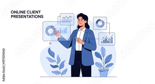 Woman presenting online client data charts and graphs on virtual screen