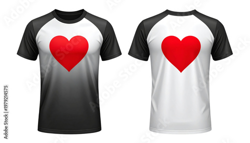 Black and white t-shirts featuring bold red heart designs on the chest area Vector