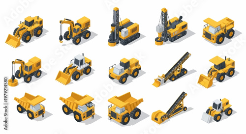 Collection of isometric yellow construction vehicles and heavy machinery on a white background.