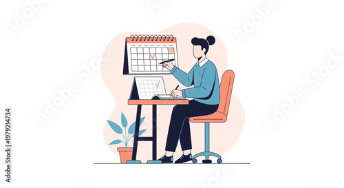 Woman planning schedule at desk with laptop and calendar, time management concept